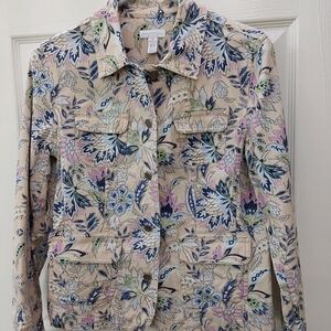 Charter Club Beige Floral Utility Jacket with Blue and Pink Accents